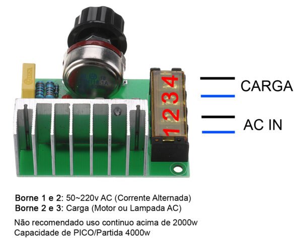 DIMMER AC, CONTROLADOR DE VELOCIDADE AC PARA MOTORES OU DIMMER PARA LAMPADAS DIMERIZAVEIS 220V